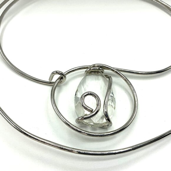 Silver Tone Wire Wrap Choker Necklace With Clear Crystal Pendant - Picture 3 of 6